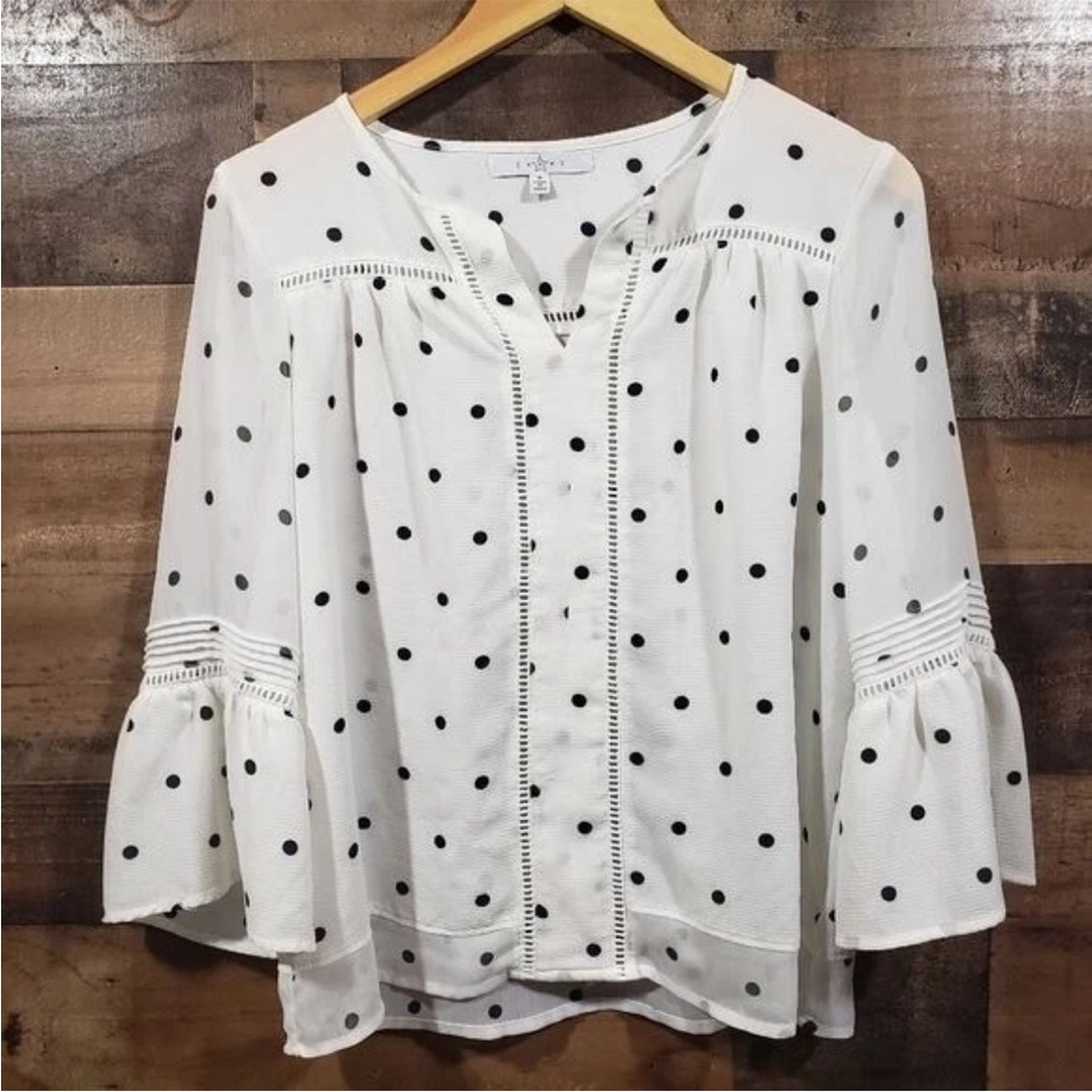 Fever Black and White Polka Dot Bell Sleeve Baby Doll Blouse Size Small